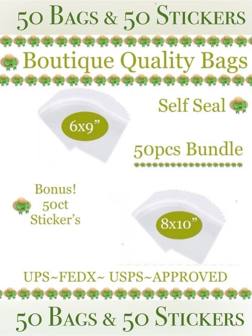 50pcs Bag Bundle 25 (6x9”) & 25 (8x10”) Clear Cello Bags w/50ct Free Stickers…